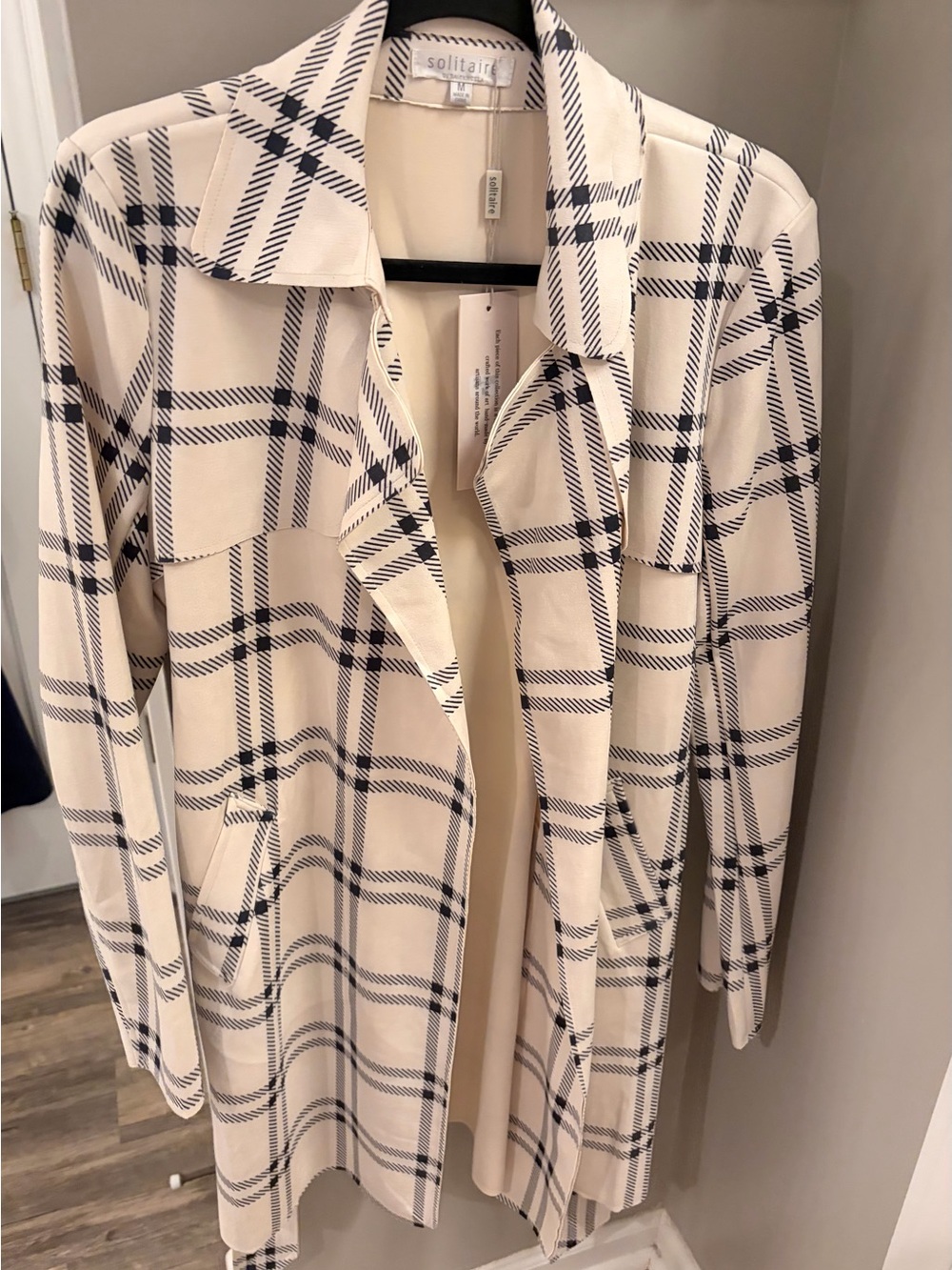 Solitaire Cream and Navy Plaid Open Front Coatigan - Picture 3 of 10